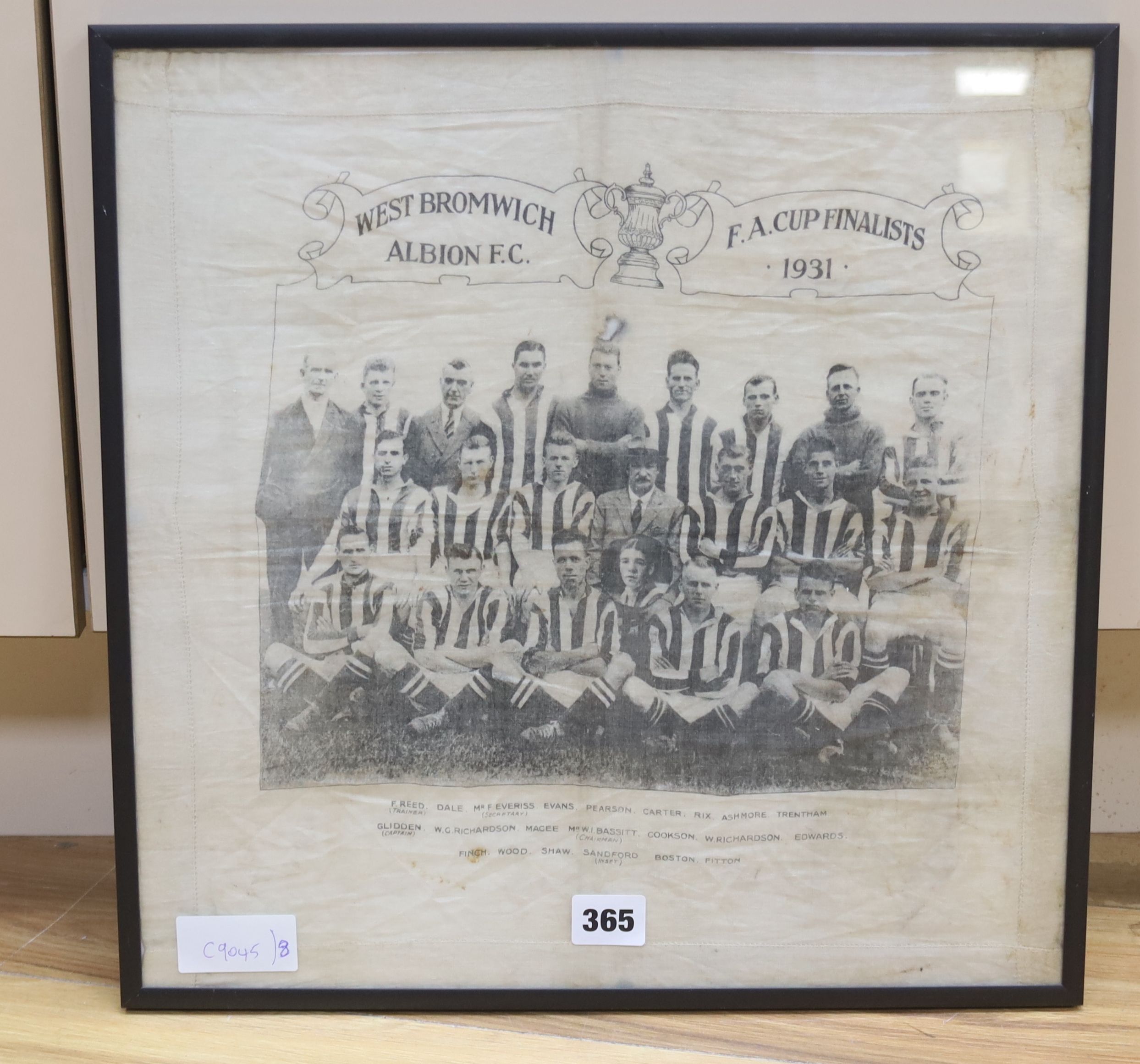 A West Bromwich Albion FA Cup finalists 1931 commemorative handkerchief, framed, 39cm sq.